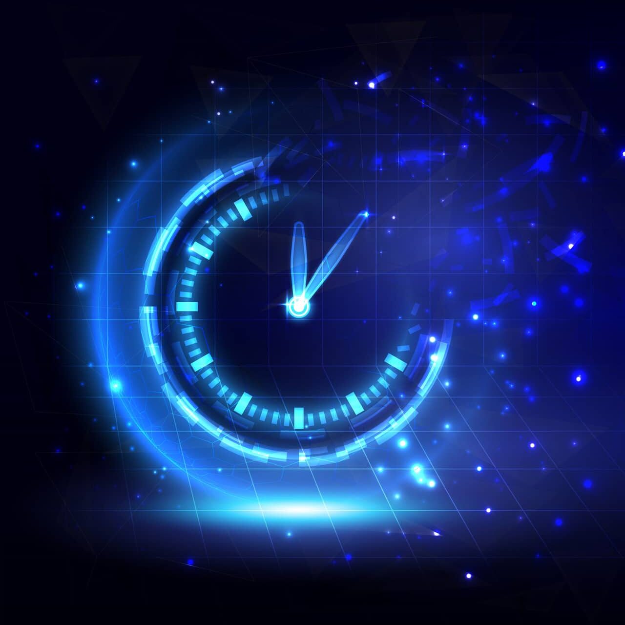 Futuristic Sci-Fi glowing HUD time fading. Abstract time machine and polygon hi-tech background. Data digital clock of head-up display interface. Virtual reality technology timer. Deadline concept